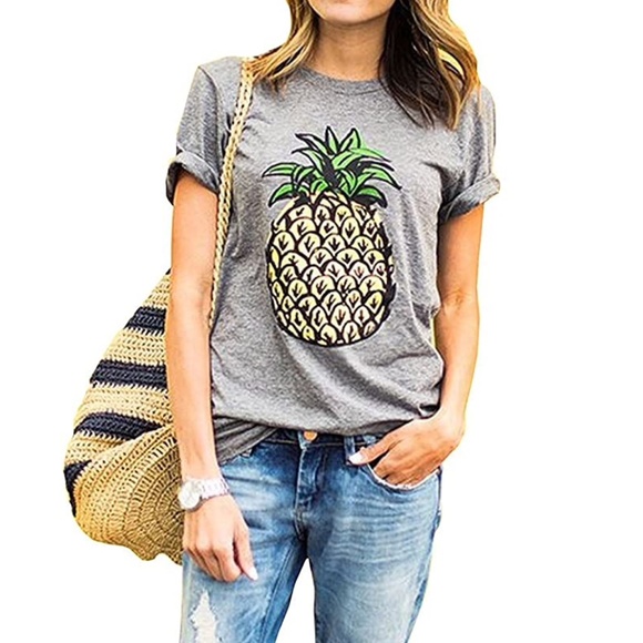 Zawapemia Tops - Heathered Pineapple Graphic Tee Short Sleeves Gray & Yellow Size XL